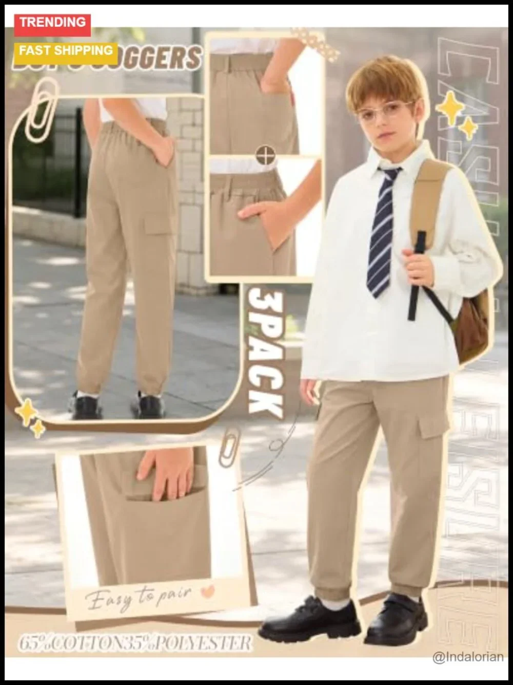 Schoool Uniform Cargo Joggers Elastic Waist with Pockets Boys Pants 3-Pack